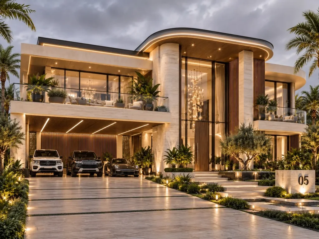 Fachada contemporânea com garagem, jogo de volumes e materiais naturais — projeto residencial A primeira experiência, Michelle Rigopoulos