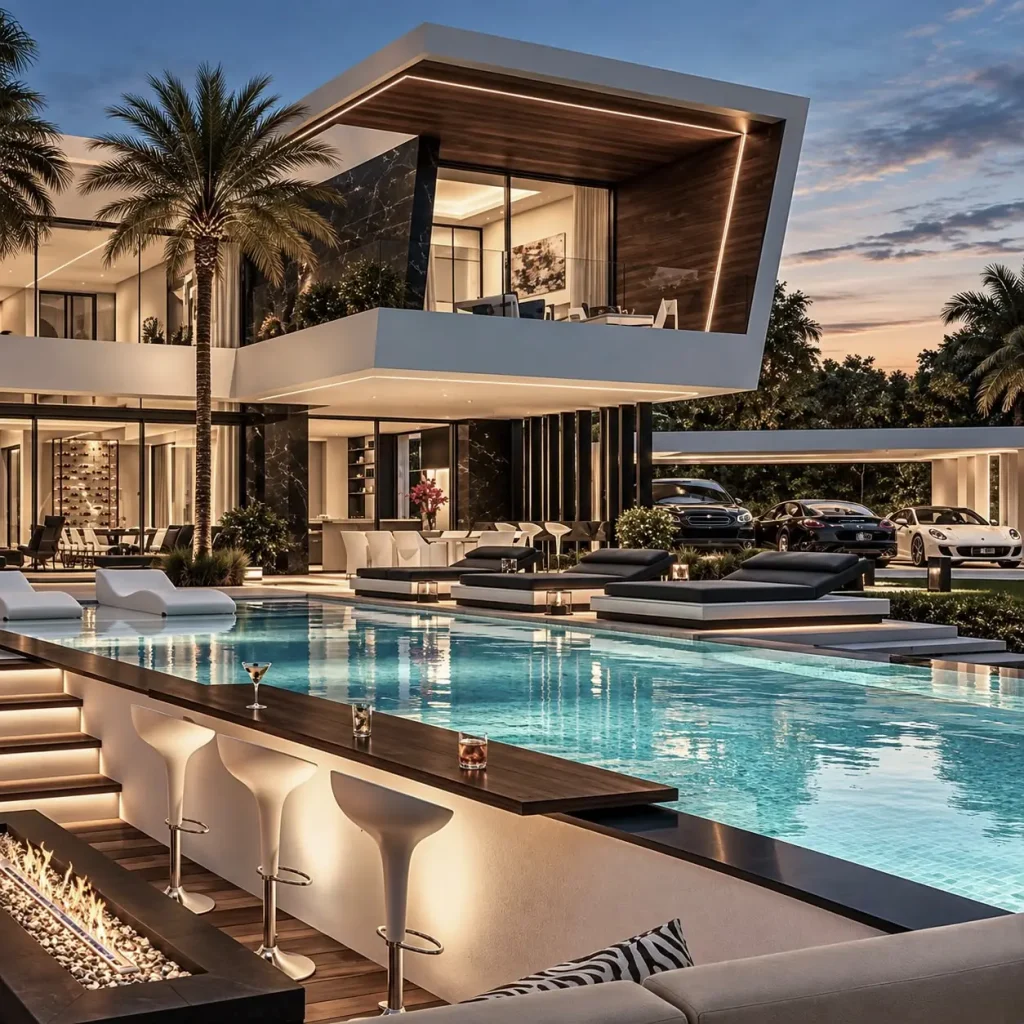 Área da piscina com bar submerso, lareira e deck ao entardecer — projeto residencial Área social externa, Michelle Rigopoulos