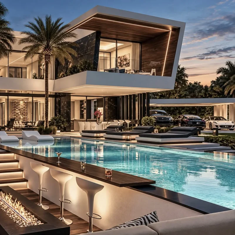 Área da piscina com bar submerso, lareira e deck ao entardecer — projeto residencial Área social externa, Michelle Rigopoulos