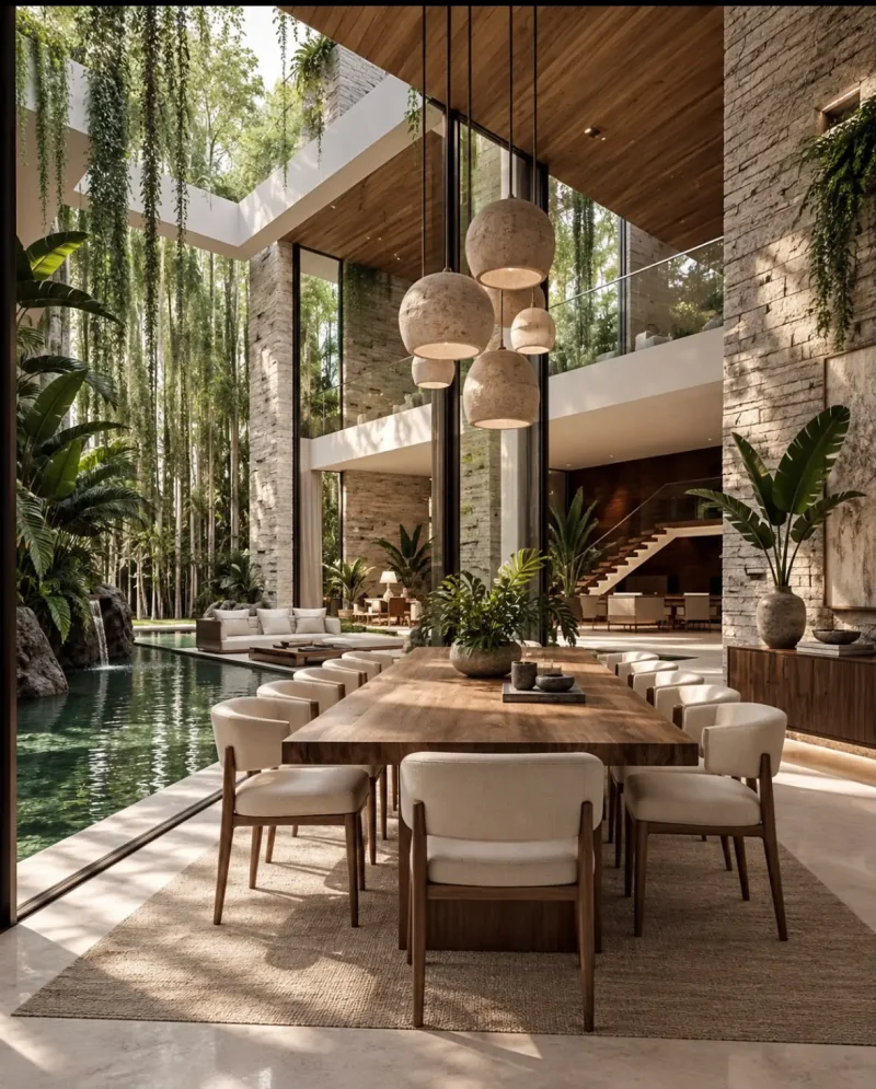 Sala de jantar integrada ao átrio, com vegetação e luz natural — projeto residencial Residência autoral, Michelle Rigopoulos