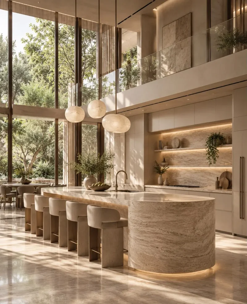 Cozinha integrada com ilha curva em pedra natural e banquetas — projeto residencial Residência atemporal, Michelle Rigopoulos