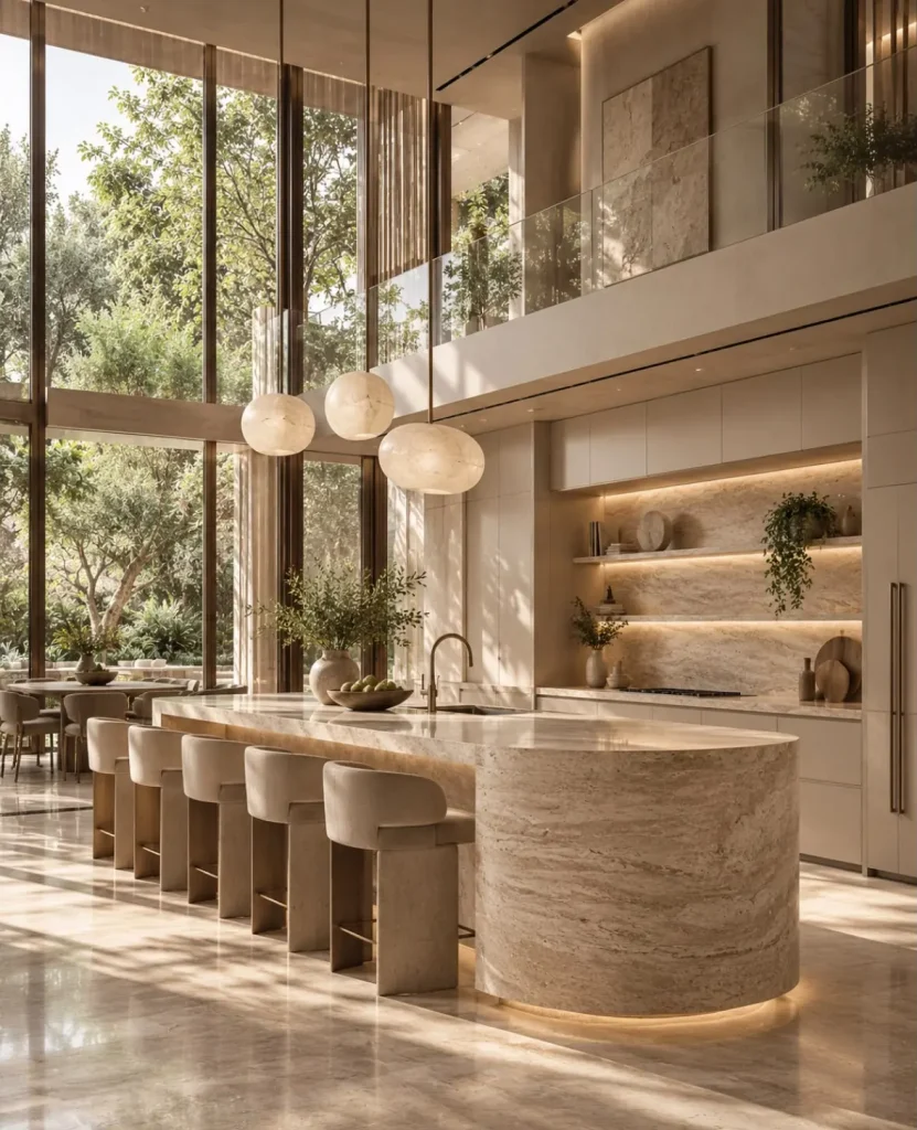 Cozinha integrada com ilha curva em pedra natural e banquetas — projeto residencial Residência atemporal, Michelle Rigopoulos