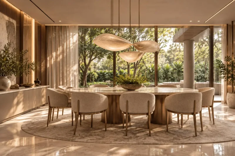 Sala de jantar ampla com mesa redonda, pé-direito generoso e vista para o jardim — projeto residencial Residência atemporal, Michelle Rigopoulos