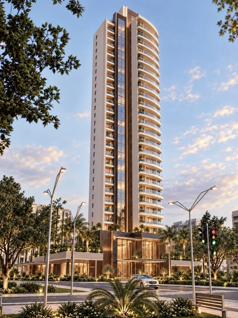 Torre residencial com grandes planos de vidro e superfícies refletivas ao entardecer — projeto residencial Residencial vertical, Michelle Rigopoulos
