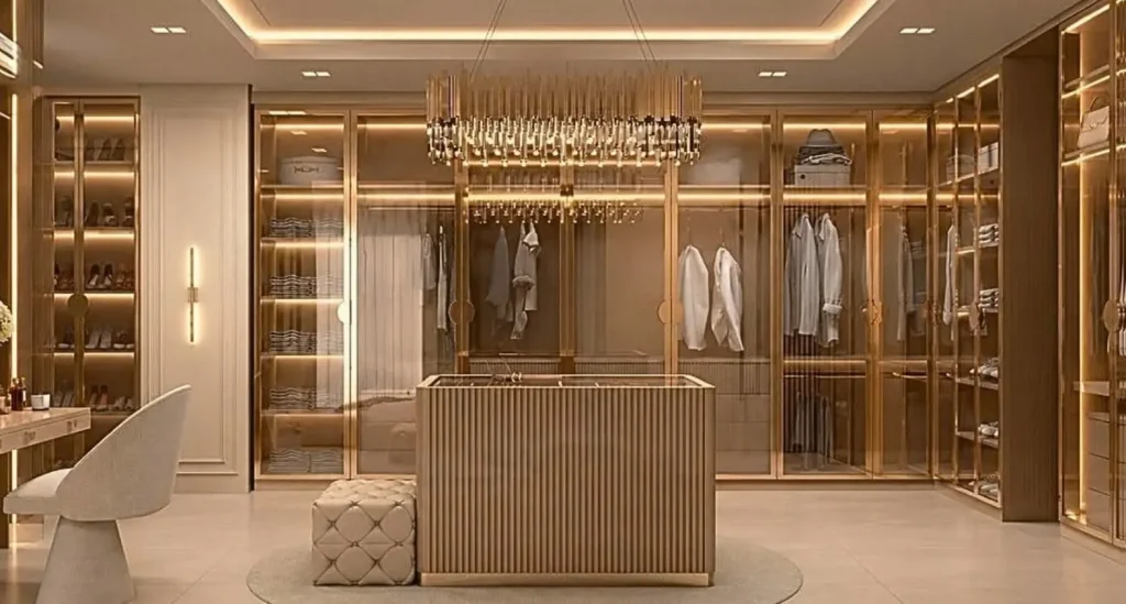 Closet da suíte master com armários de vidro, ilha central ripada e lustre de cristal — projeto residencial Suíte master, Michelle Rigopoulos