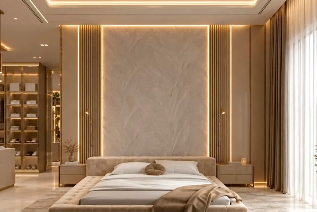Suíte master com cama baixa, painel em pedra clara, ripado de madeira e iluminação indireta — projeto residencial Suíte master, Michelle Rigopoulos