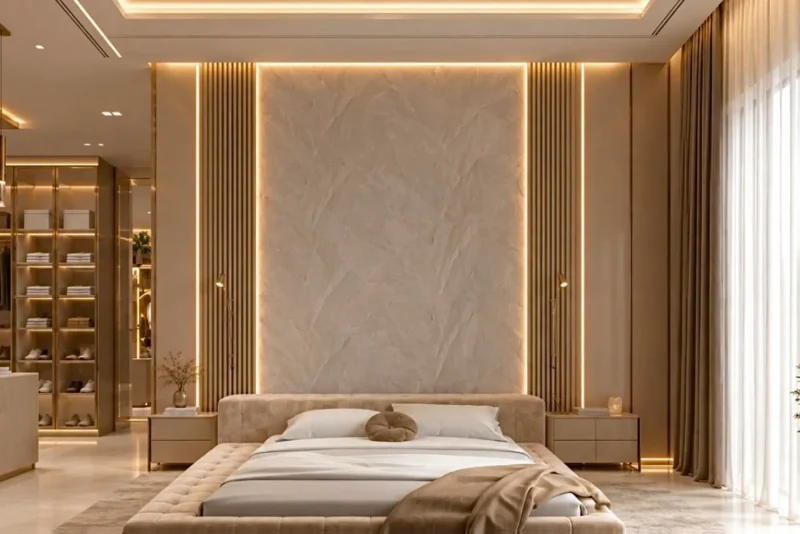 Suíte master com cama baixa, painel em pedra clara, ripado de madeira e iluminação indireta — projeto residencial Suíte master, Michelle Rigopoulos