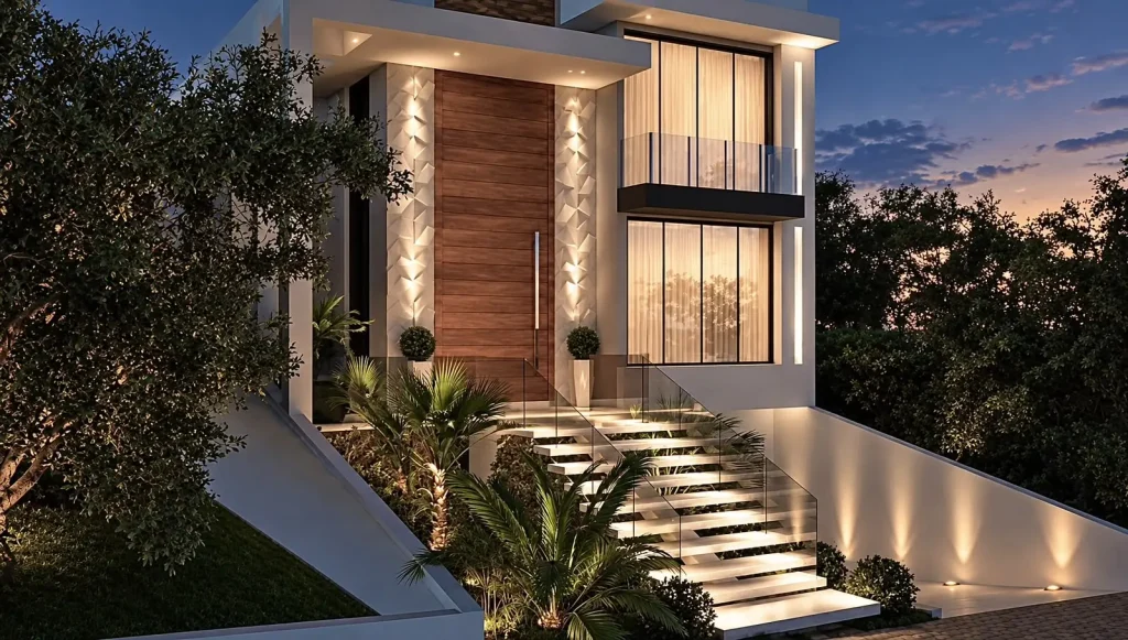 Fachada com escada iluminada, madeira, pedra e vidro ao anoitecer — projeto residencial Arquitetura & interiores, Michelle Rigopoulos