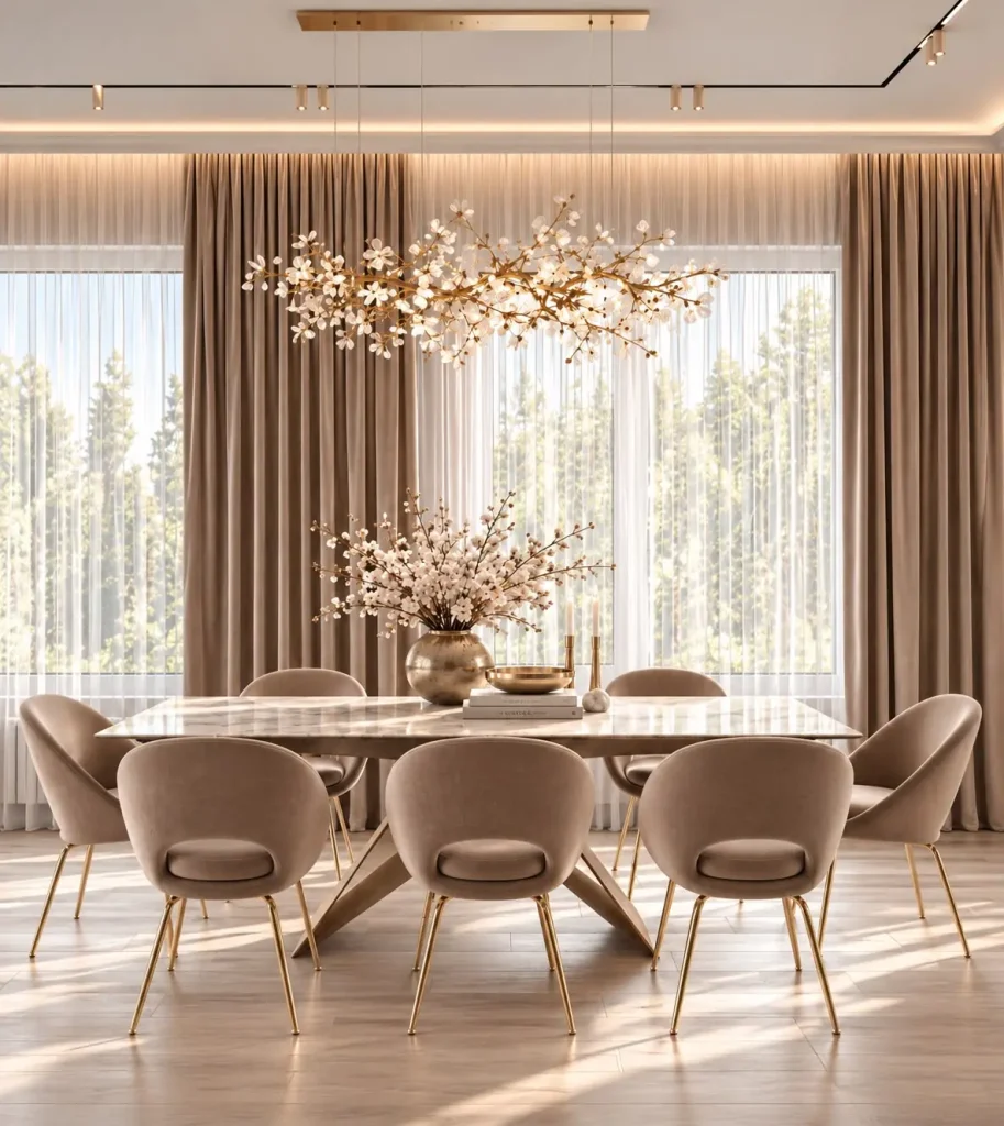 Sala de jantar com mesa oval, lustre escultural e cortinas translúcidas — projeto residencial Arquitetura & interiores, Michelle Rigopoulos