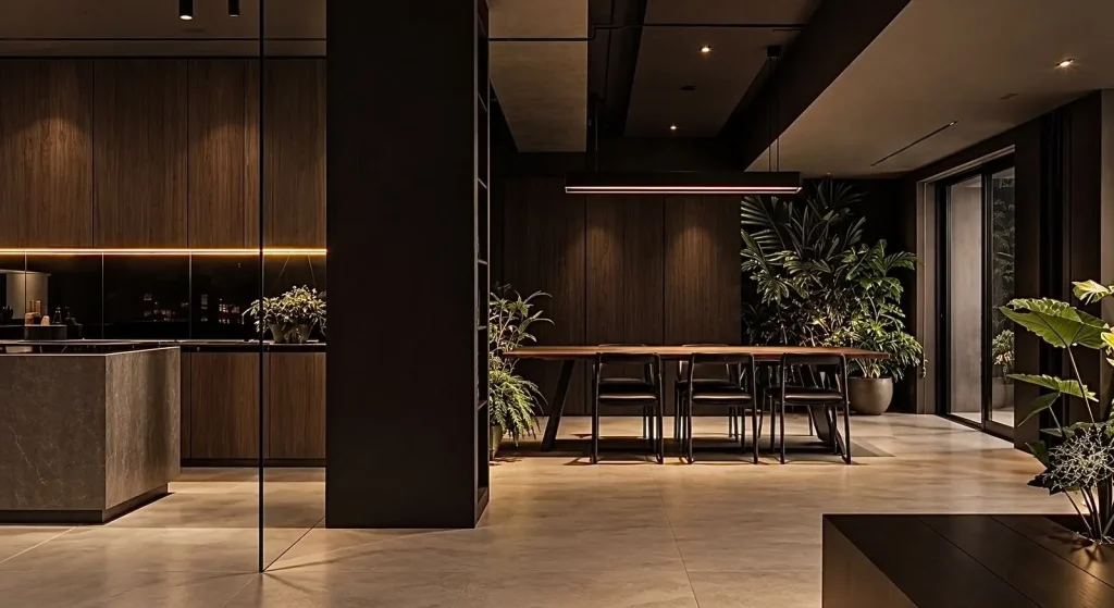 Living e cozinha integrados em tons escuros, com marcenaria e abertura para o jardim — projeto residencial Residência · lazer & paisagem, Michelle Rigopoulos