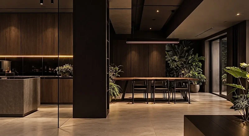 Living e cozinha integrados em tons escuros, com marcenaria e abertura para o jardim — projeto residencial Residência · lazer & paisagem, Michelle Rigopoulos