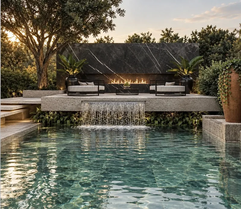 Lounge externo com lareira, cascata e espelho d'água sob iluminação cênica — projeto residencial Residência · lazer & paisagem, Michelle Rigopoulos