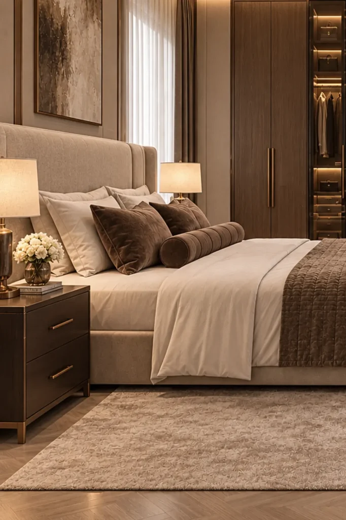 Suíte master com cabeceira estofada, roupa de cama neutra e armário em madeira escura — projeto residencial Linguagem dos interiores, Michelle Rigopoulos