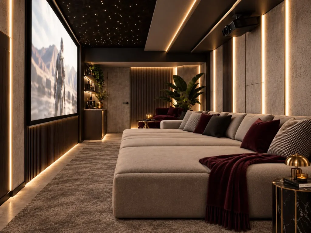 Home theater com tela, forro estrelado, sofá amplo e iluminação indireta — projeto residencial Área social & cinema, Michelle Rigopoulos