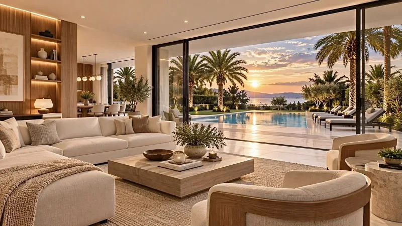 Living com vista para a piscina e para o mar ao pôr do sol — projeto residencial Residência & paisagem, Michelle Rigopoulos