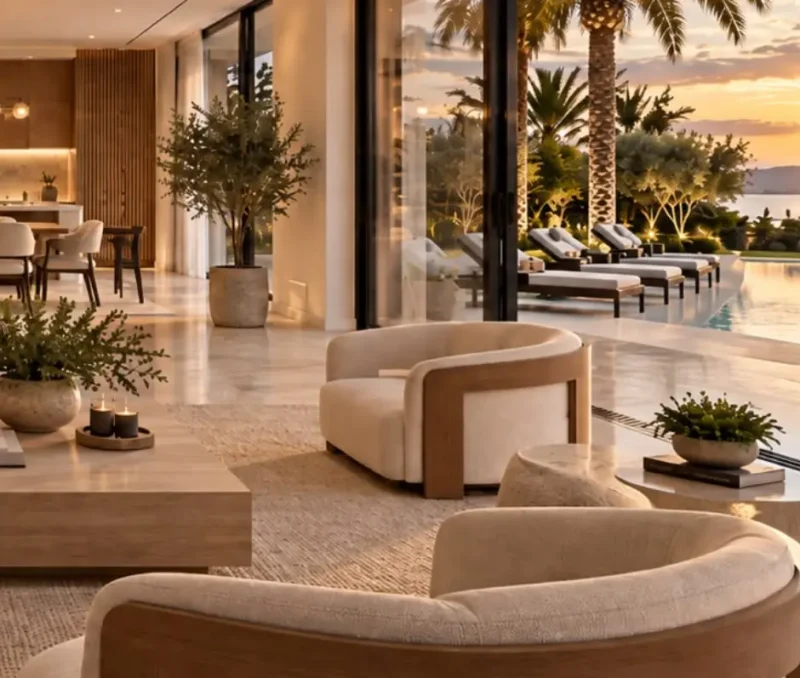 Living e jantar integrados com poltronas, vegetação e vista para a piscina ao entardecer — projeto residencial Residência & paisagem, Michelle Rigopoulos