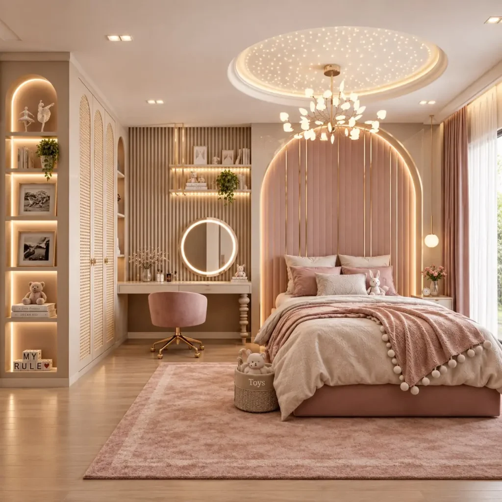 Suíte teen com cabeceira em arco rosa, marcenaria envolvente e escrivaninha com espelho — projeto residencial Suíte júnior, Michelle Rigopoulos