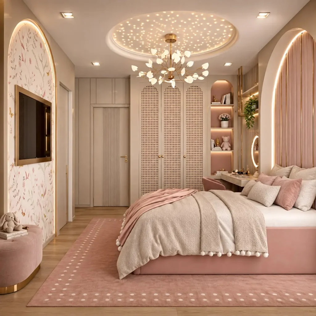 Suíte teen com cama, painel de TV, lustre e armários em nichos arqueados — projeto residencial Suíte júnior, Michelle Rigopoulos