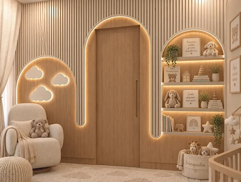 Quarto infantil com curvas suaves, madeira, nuvens iluminadas e poltrona de amamentação — projeto residencial Suíte infantil, Michelle Rigopoulos