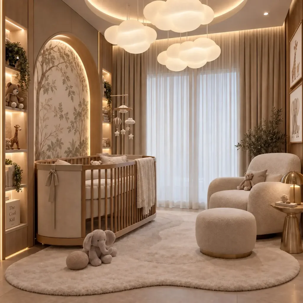 Quarto infantil com berço, luminária de nuvens e iluminação indireta — projeto residencial Suíte infantil, Michelle Rigopoulos