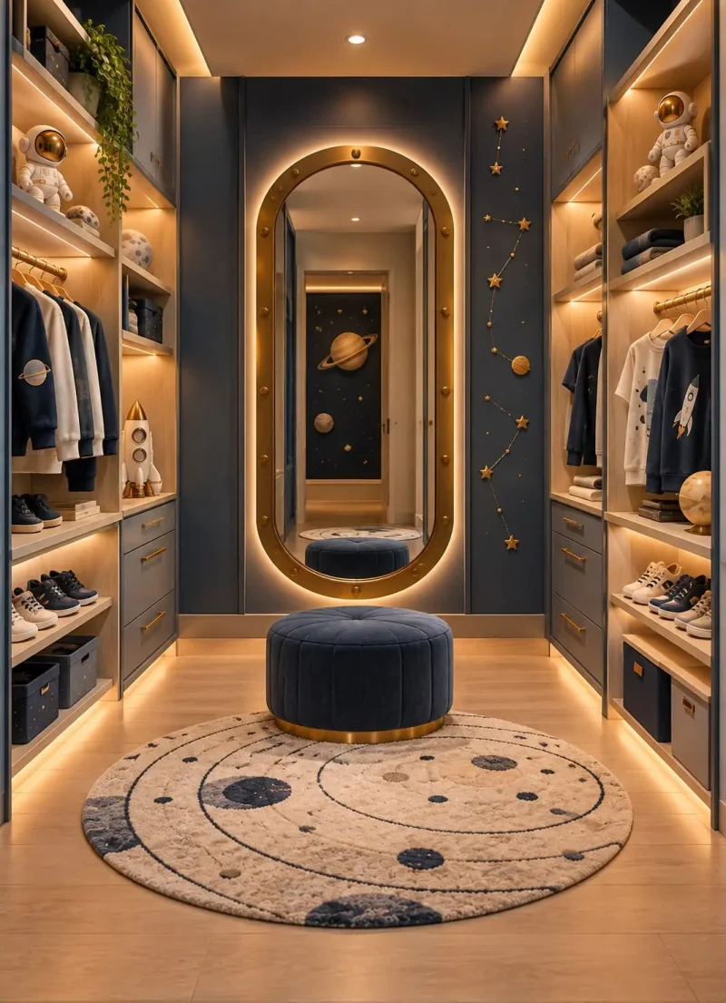 Closet infantil com espelho oval, nichos iluminados e detalhes dourados — projeto residencial Quarto imaginário, Michelle Rigopoulos