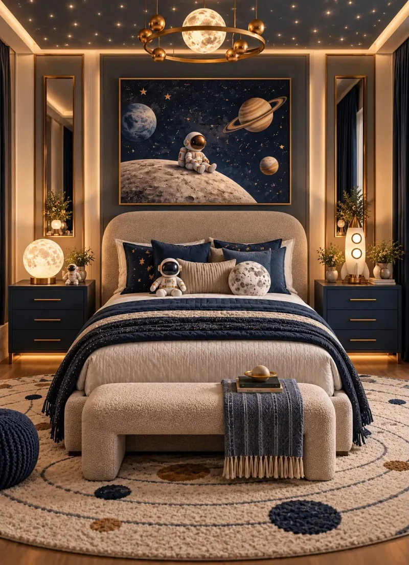 Quarto infantil temático espacial em azul profundo, com cama e pufe em tons neutros — projeto residencial Quarto imaginário, Michelle Rigopoulos