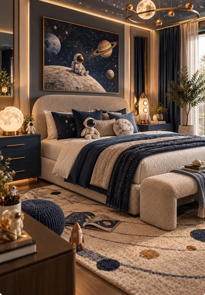 Quarto temático espacial visto de outro ângulo, com astronauta na parede e tapete de planetas — projeto residencial Quarto imaginário, Michelle Rigopoulos