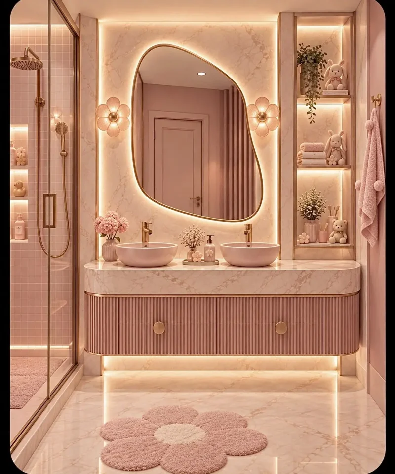 Banheiro infantil com espelho orgânico, bancada rosa e iluminação acolhedora — projeto residencial Universo infantil, Michelle Rigopoulos