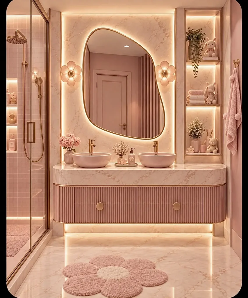 Banheiro infantil com espelho orgânico, bancada rosa e iluminação acolhedora — projeto residencial Universo infantil, Michelle Rigopoulos