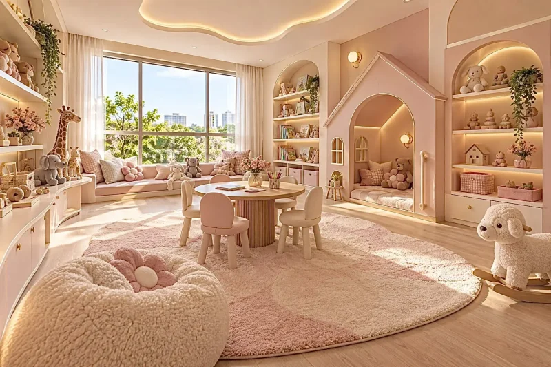 Brinquedoteca com nichos em formato de casinha, mesa infantil e tapete rosa — projeto residencial Universo infantil, Michelle Rigopoulos