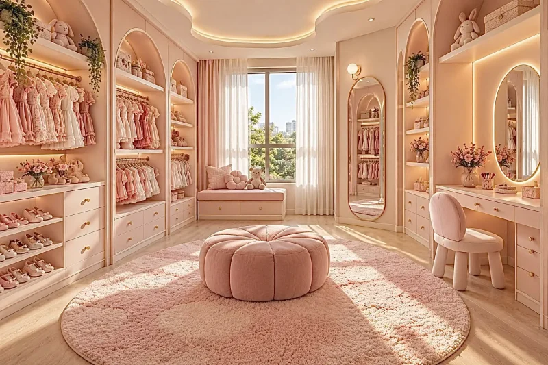 Closet infantil rosa com araras baixas, pufe e janela para a cidade — projeto residencial Universo infantil, Michelle Rigopoulos